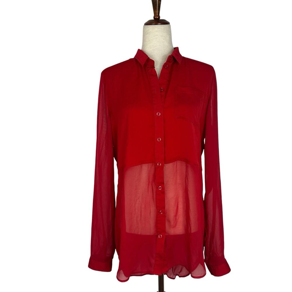 Free People Top Women Medium Red Long-sleeve Sheer Button Split Back Shirt - Picture 2 of 11